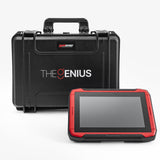 Black carrying case with 'The Genius' branding next to a red and black tablet on a white background