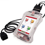 A handheld electronic device with a cable, presumably a car diagnostic tool, displayed in a clear plastic case.